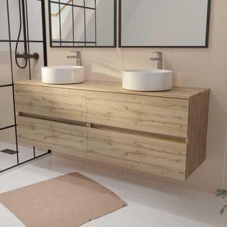 Aurlane Aurlane - Mueble De Ba&ntilde;o 160 Timber Decoraci&oacute;n Roble - 4 Cajones - 2 Lavabos Blancos