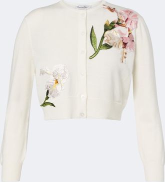 Oscar De La Renta Cardigan in lana vergine con ricamo floreale