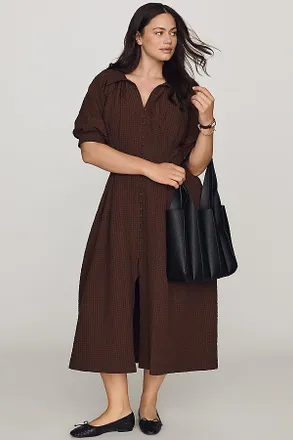 English Factory Puff-Sleeve Textured Midi Shirtdress