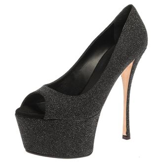 Giuseppe Zanotti Black Glittered Suede Open Toe Platform Pumps