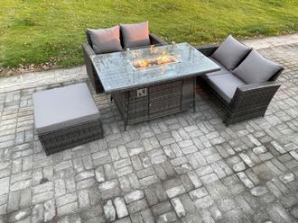 Fimous 4 Pieces Garden Furniture Sets Poly Rattan Outdoor Patio Gas Firepit Dining Table Sofa Set with Big Footstool in Dark Grey