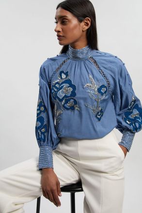 Karen Millen Womens Balloon Sleeve Embroidered And Beaded Woven Blouse - Blue viscose - Size 12 UK
