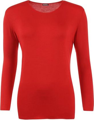 Purple Hanger New Ladies Plain Stretch Fit Long Sleeve Womens T-Shirt Round Neck Basic Top (Red Size 8-10)