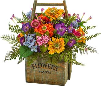 Nearly Natural Mixed Floral Artificial Arrangement in Wood Basket in Multicolor at Nordstrom