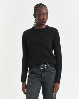 GANT Women Cashmere Cable Knit Crew Neck Sweater (XXL) BLACK