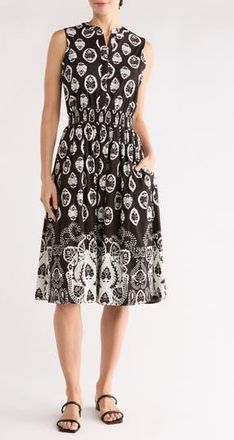 T Tahari Split Neck Sleeveless Midi Dress in Medallion Placed Print Black at Nordstrom Rack, Size X-Small