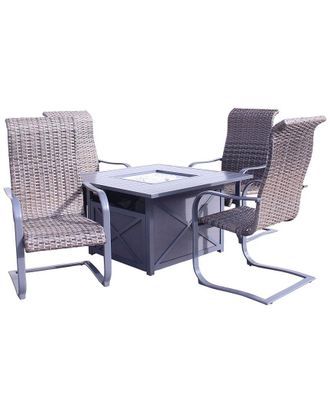 Courtyard Casual Santa Fe Dark Gray 5Pc Square Fire Pit Set With 1 Fire Pit And 4 Wicker Spring Chairs