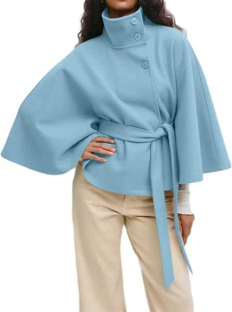 Generic Batwing Sleeve Poncho Pea Coat, White Cape Coat, Women Winter Outerwear Trendy Stand Belted Collar Overcoat (UK, Alpha, L, Regular, Regular, Light Blu