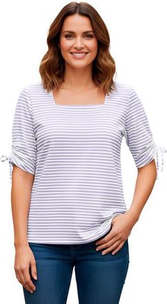 Jessica London Stretch Cotton Tie Sleeve Square Neck Tee in Lilac Feeder Stripe at Nordstrom, Size Medium