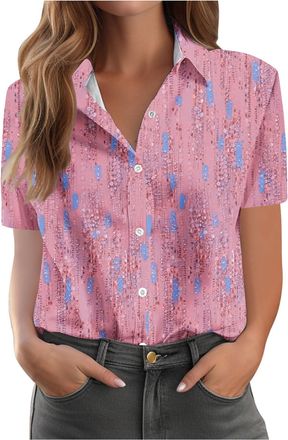 Generic Shirts for Women UK Vintage Floral Print Shirts Causal Turn-Down Collar Short Sleeve Blouse Button Down T-Shirt Loose Fit Comforty Shirt Office Classi