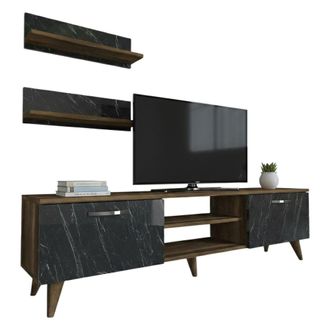 Dmora Pared Modular Ipsicratea, Mueble Sal&oacute;n 4 Estantes, 2 Puertas, Conjunto Combinable, Nogal Marr&oacute;n