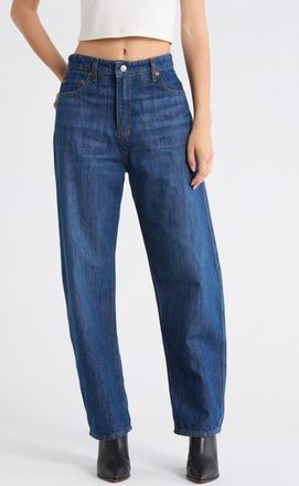 Re/Done The Rewind Reversible High Waist Crop Barrel Leg Jeans in Dark Santa Cruz at Nordstrom, Size 30