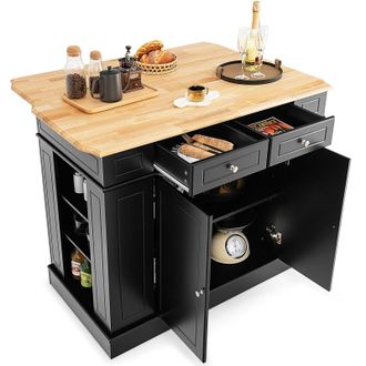 Costway Costway Kitchen Island Storage Cupboard W/Drop Leaf Countertop 2-Door Cabinet in Black