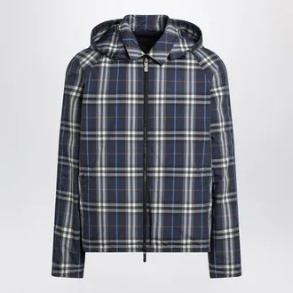 Burberry Blue Reversible Cotton Jacket With Check Pattern
