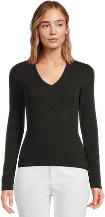 Lilla P Rib Slub Long Sleeve V-Neck Womens Clothing Black : LG, Cotton