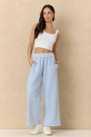 Vintage Havana Fleece Wide Leg Pants With Rib In Lake Blue