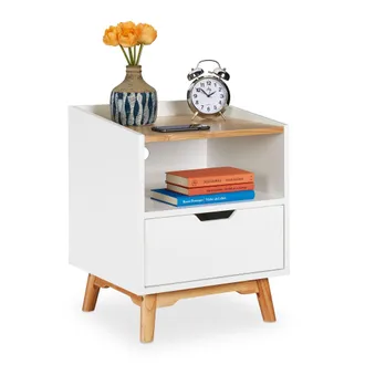 Relaxdays Comodino Con Gambe Di Legno Design Scandinavo Cassetto E Scomparto Aperto Tavolino 50x43x40 Cm Bianco - Relaxdays