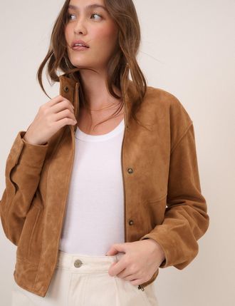 Nobody's Child Brown Funnel Neck Suede Bomber