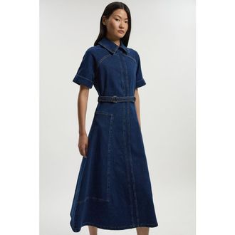 Karen Millen Petite Stretch Denim Tab Belt Midi Dress in Mid Wash at Nordstrom, Size 12P