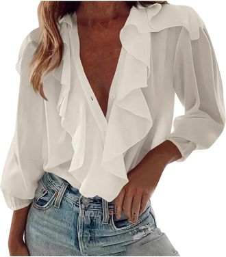 Generic GMQWRK Long Sleeve Blouse for Women UK Ruffle V-Neck Button-Down Shirts Fashion Casual Collared Neck Tops Vintage Victorian Frilly Spliced Shirt Styli