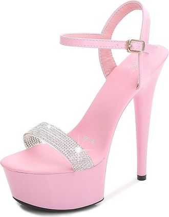 Generic Pink,4.5 UK,Womens Rhinestone Stiletto High Platform Heel Peep Open Toe Sandals Ankle Strap Wedding Party Summer 5.9inch Heels Dress Shoes
