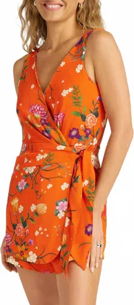 Matty M Floral Sleevless Skort Romper In Tangerine
