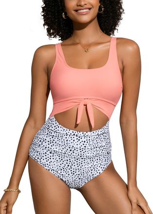 SHEKINI Womens One Piece Swimsuit Cutout Tie Knot Swimwear Padded Tummy Control Slimming Bathing Suit, Pink Print, X-Large