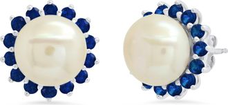 MAX + STONE Sterling Silver 9MM Cultured Pearl and Created Blue Sapphire Earrings