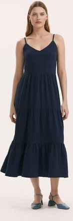 Finery Emmie Cotton Strappy Midi Tiered Dress in Navy at Nordstrom, Size 16