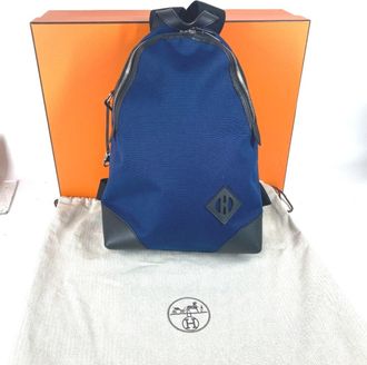Herm&egrave;s Black Blue Canvas Leather Backpack (Pre-Owned)