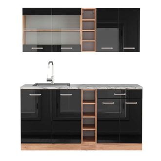 Vicco Cocina Vers&aacute;til R-line, Roble Negro/dorado De Alto Brillo, 160 Cm, Et M&aacute;rmol