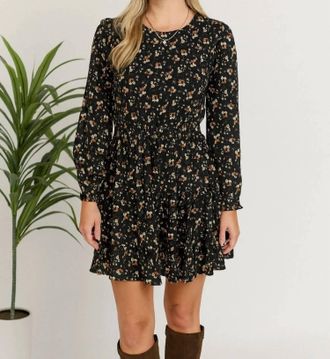 Paper Crane High Neck Long Sleeve Flower Dress In Black Multi