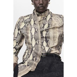 Mango Animal Print Scarf Neck Top in Snake Brown at Nordstrom, Size 4