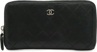 Chanel Black White Grained Calfskin Long Wallet (Bi-Fold) (Pre-Owned)