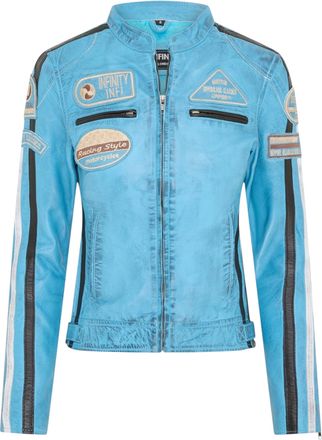 Infinity Leather Womens Biker Racing Badges Blue Leather Jacket-Eastleigh