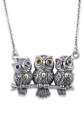 Samuel B. 18K Yellow Gold & Sterling Silver Amethyst, Citrine, & Peridot Filigree Owls Pendant Necklace in Silver And Gold at Nordstrom Rack