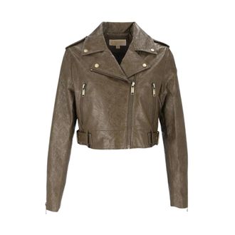 Michael Kors Crinkled Moto Jacket - Dames - Leren en Su&egrave;de Jassen - Bruin - M - Leer - Jassen