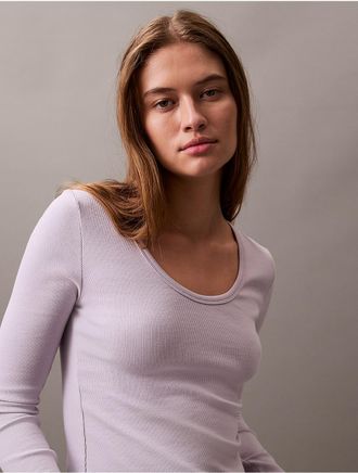 Calvin Klein Womens Cotton Contour Rib Slim Fit Long Sleeve T-Shirt - Purple - L