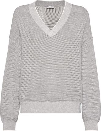Brunello Cucinelli V-neck knit jumper - women - Cotton/Metallic Fibre - 3XL - Grey