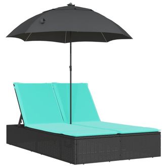 vidaXL Tumbona Doble Con Cojines Y Sombrilla Rat&aacute;n Sint&eacute;tico Negro Vidaxl