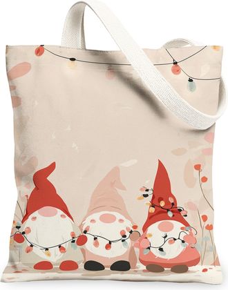 Generic Christmas Gnome Canvas Tote Bags, Festive Holiday Art Pattern Reusable Grocery Bags, Lightweight Washable Shoulder Strap Ca, Beige, 13x15 Inch