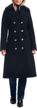 Vince Camuto Double Breasted Wool Blend Coat with Removable Faux Fur Collar in Dark Navy at Nordstrom Rack, Size X-Large