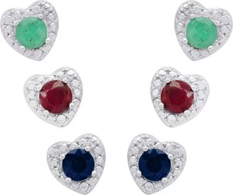 MAX + STONE Sterling Silver 3 pair Genuine Emerald, Ruby, Blue Sapphire 4mm Round in Beaded Heart Halo Stud Set