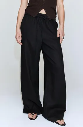 Mango Wide Leg Button Detail Linen Pants in Black at Nordstrom, Size Large
