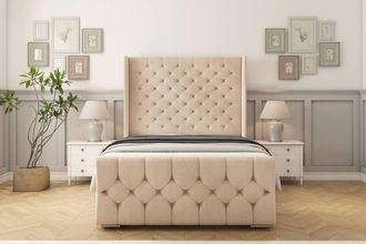 Sloomy Luthor Naples Frame-Mattress - 50 Upholstered Wingback Headboard in Light Sand | Size: Double