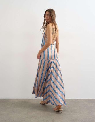 Topshop Vestito lungo in raso colore neutro e blu a righe con cuciture e bordi profilati-Multi