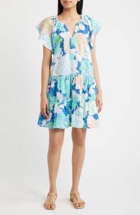 Lilly Pulitzer Norella Print Ruffle Linen Dress in Starlight Navy at Nordstrom, Size X-Large