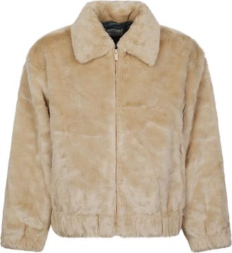 Dr&ocirc;le de Monsieur Slogan Cropped Embroidered Faux Fur Jacket