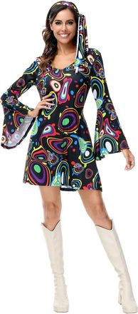 Generic Womens Fancy 70s Dress 2PC Vintage Long Bell Sleeves V-Neck 1970s Hippie Mini Dresses Costume Clothes Floral Printed 1960s Style Retro Party Halloween