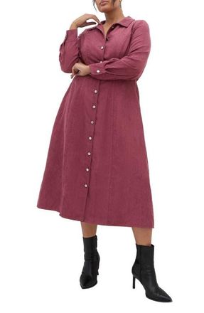 City Chic Leah Long Sleeve Corduroy Midi Dress in Beet Red at Nordstrom, Size Xs